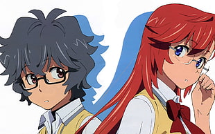 male and female with black and red haired anime characaters