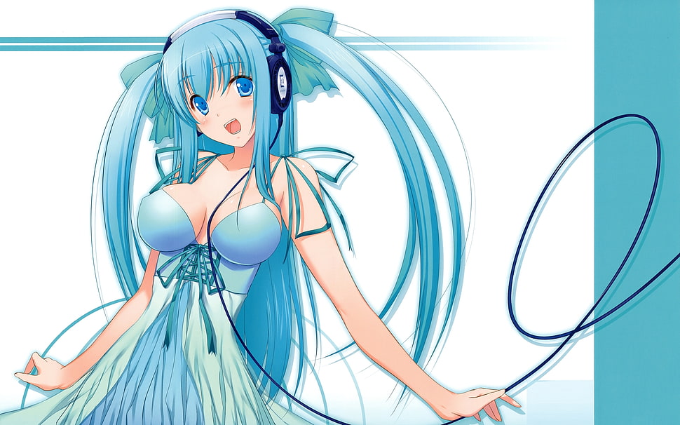 female anime character wearing teal sweetheart neckline top poster HD wallpaper