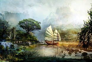 galleon ship painting, Guild Wars 2, concept art, boat, lake