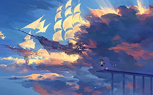galleon ship in clouds painting, anime, ship, clouds