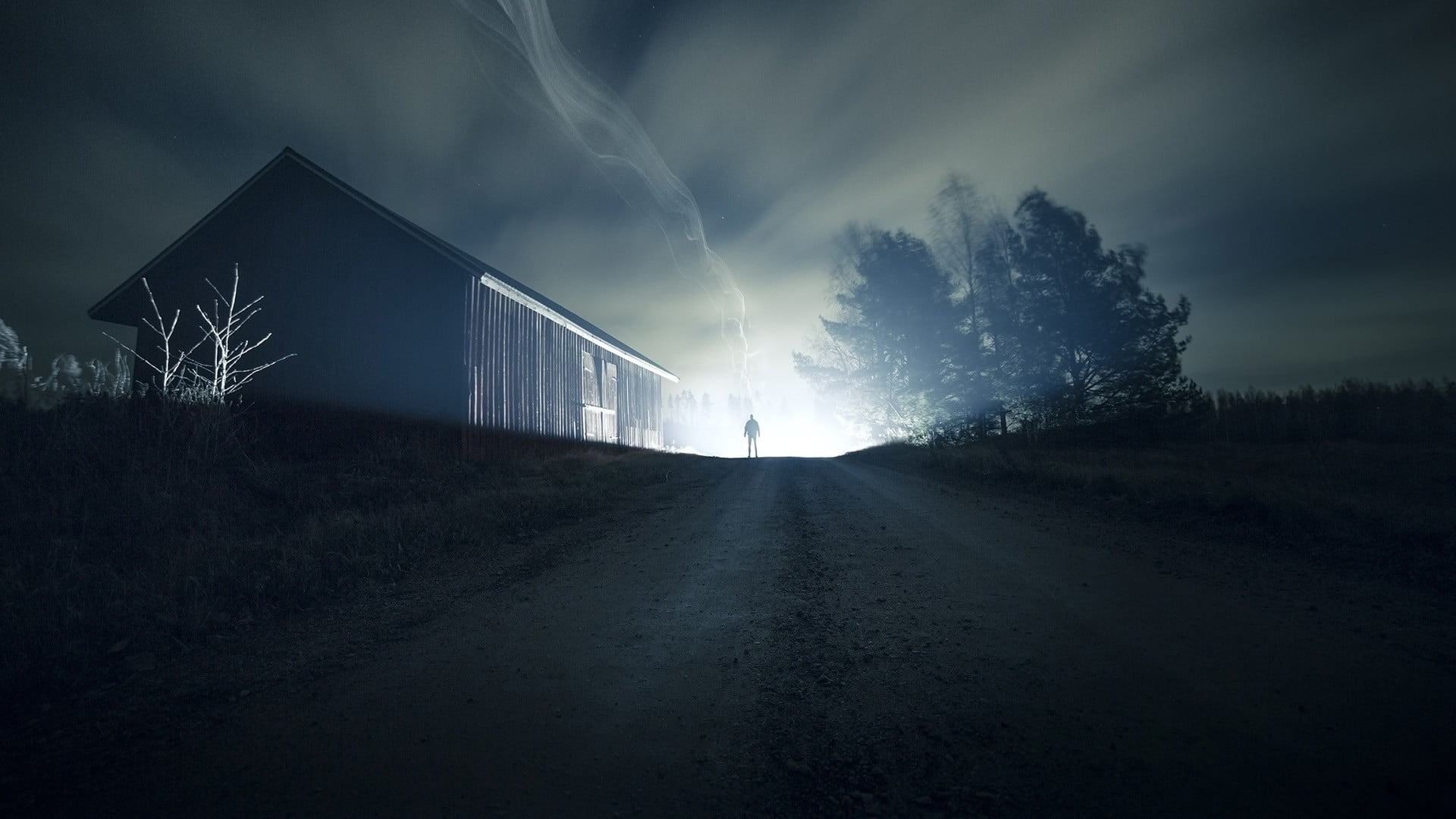 white and black concrete building, night, lights, landscape, digital art