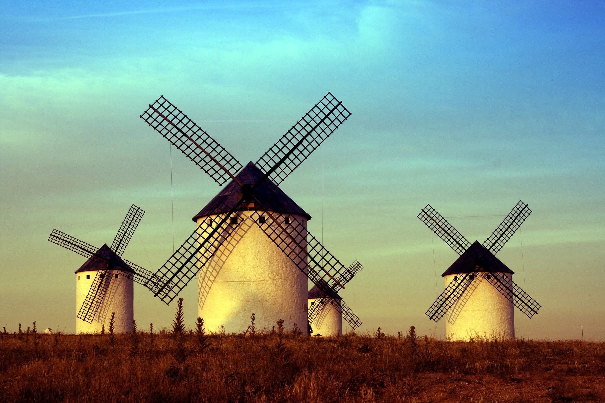 four brown-and-white windmills HD wallpaper.
