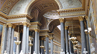white and brown concrete pillars, Château de Versailles, palace, gold, marble