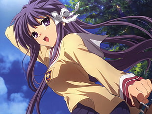 purple haired anime wearing brown school uniform HD wallpaper