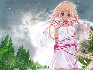 female anime character wearing white dress digital wallpaper