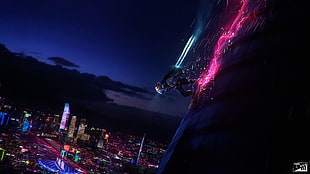 digital artwork of person, cyberpunk, science fiction, neon, city HD wallpaper