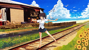 female anime character on train railways illustration HD wallpaper
