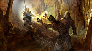 three person on cave illustration, The Witcher, video games, Geralt of Rivia