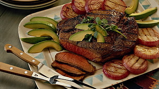 cooked meat and sliced avocado fruits, food, meat, steak, onion
