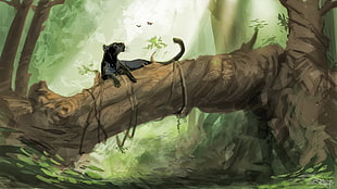 black panther reclining on tree wallpaper, fantasy art, panthers, jungle, nature HD wallpaper