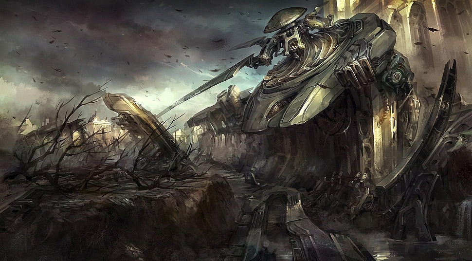 spaceship crashed on building painting HD wallpaper