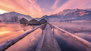 gray dock, winter, water, nature, landscape HD wallpaper