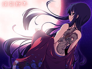 female anime character with purple hair and tattoo at her back facing the moonlight