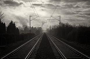 two brown train railroads, railway, symmetry, trees, clouds HD wallpaper
