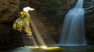 waterfall, nature, landscape, waterfall, sun rays HD wallpaper