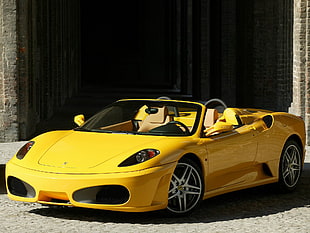 landscape photography of yellow Ferrari convertible coupe HD wallpaper