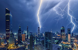 city buildings, photography, landscape, lightning, storm HD wallpaper