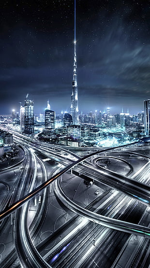 building lights, portrait display, aerial view, long exposure, Dubai