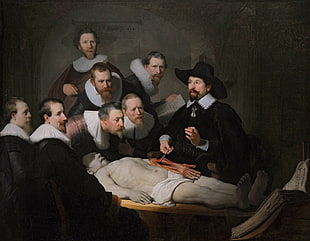 man in black coat painting, oil painting, Rembrandt van Rijn, anatomy HD wallpaper