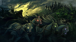 four horses illustration, fantasy art, horse, artwork, death