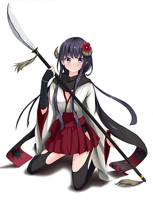 purple haired female anime character with sword poster