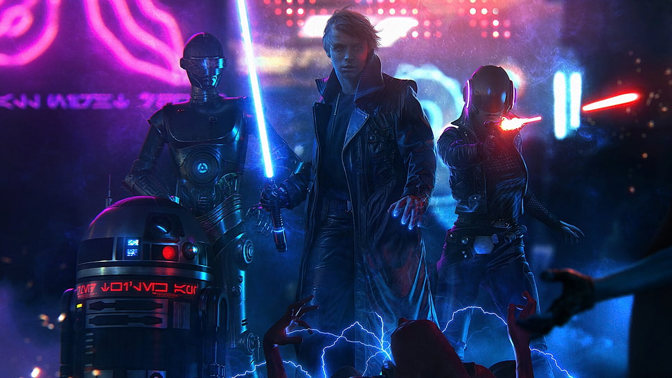 men's black jacket, Star Wars, digital art, cyberpunk, Luke Skywalker HD wallpaper