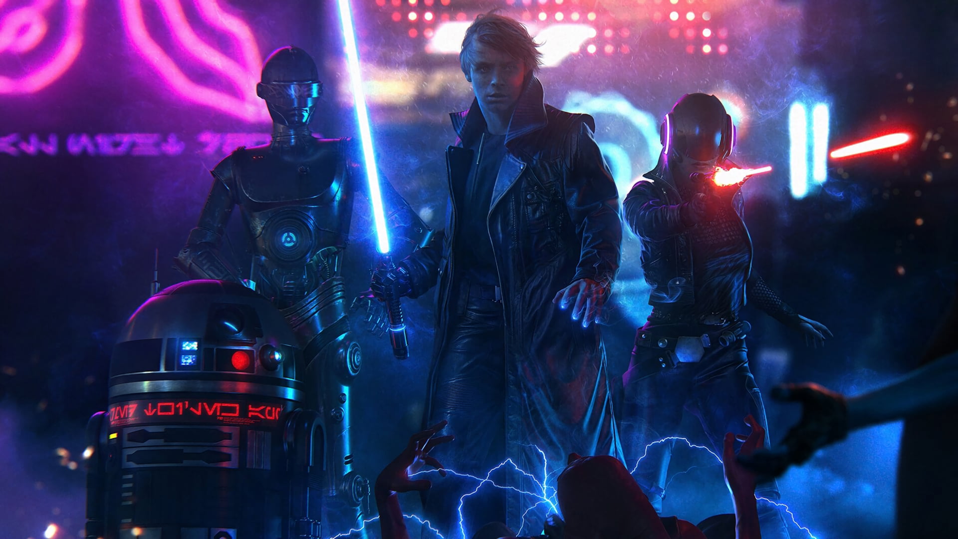 men's black jacket, Star Wars, digital art, cyberpunk, Luke Skywalker