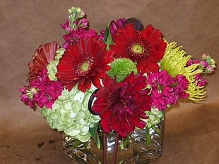 red and green flower arrangement