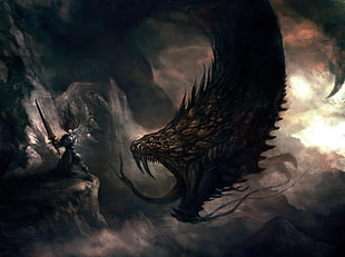 man holding sword fighting dragon wallpaper, dragon, fantasy art