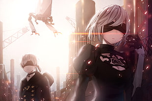 female anime character, 2B (Nier: Automata), Nier: Automata, 2B, black dress HD wallpaper
