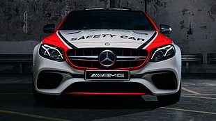 white and red Mercedes-Benz car