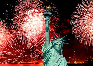 Statue of Liberty, New York with fireworks background