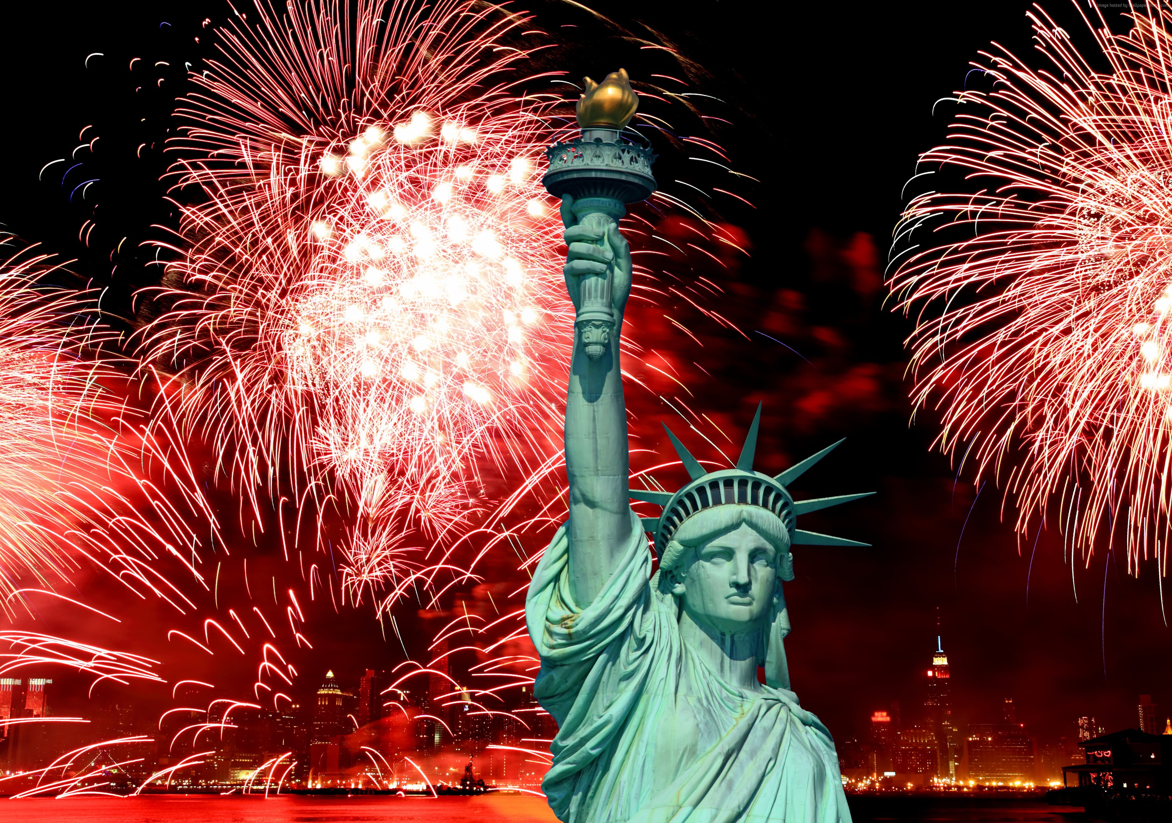 Statue of Liberty, New York with fireworks background