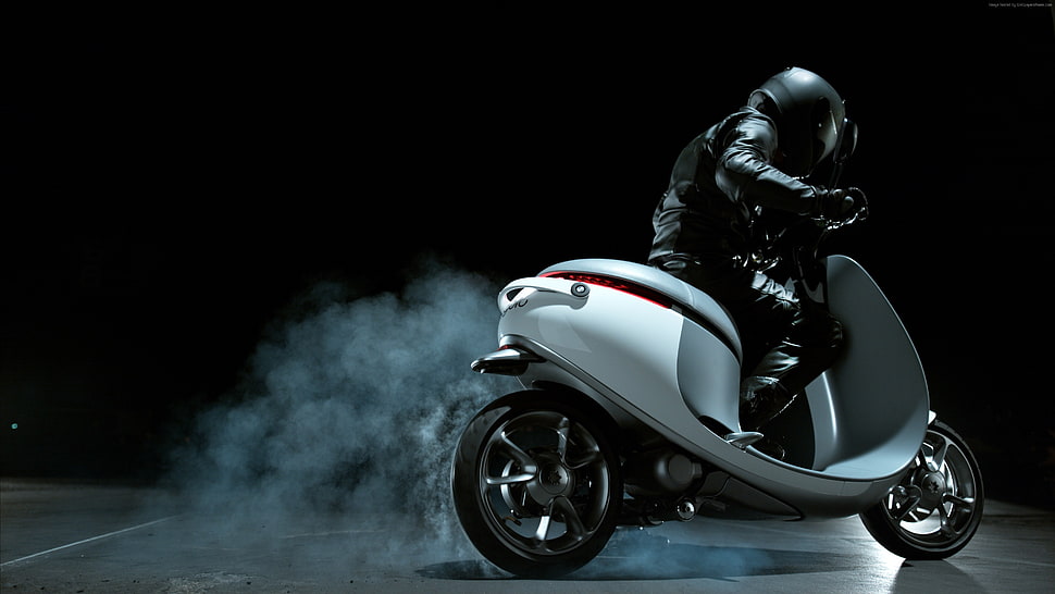 person wearing black leather jacket with pants and black full-face helmet while riding white motor scooter HD wallpaper