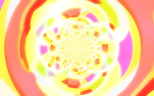 yellow, pink, and white 3D spiral artwork