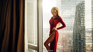 women's red long-sleeved side-slit dress, Rafael Khalilov, long hair, women, model