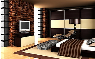 brown and white bedroom area