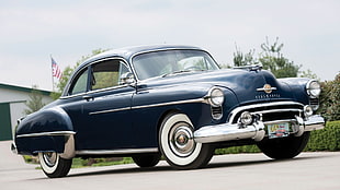 classic blue hardtop coupe, car, Oldsmobile
