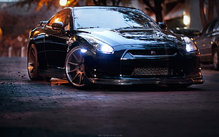 black Honda coupe with spoiler, Nissan GT-R, car, vehicle, Nissan