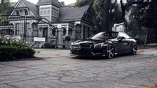black Mercedes-Benz coupe parked in front of black metal gate