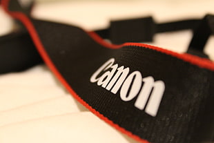 black Canon camera strap, Canon, closeup