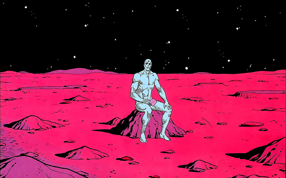 man sitting on rock cartoon illustration HD wallpaper