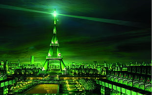 green tower illustration, Paris, Heineken, city, beer