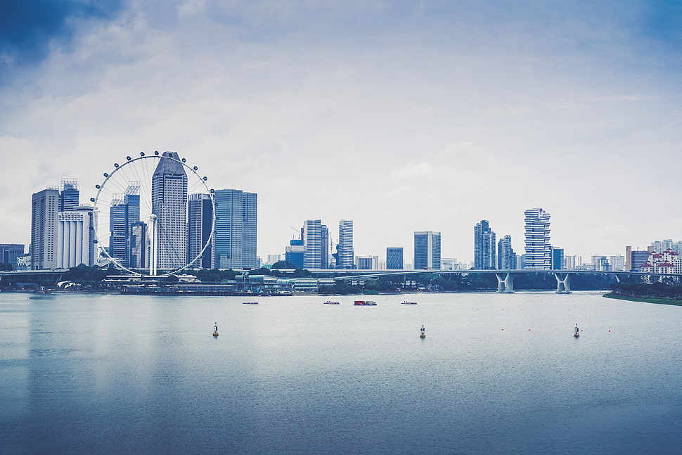 gray city buildings, Singapore, Skyscrapers, Beach HD wallpaper