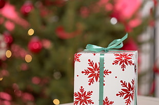 macro photography of white and red gift box
