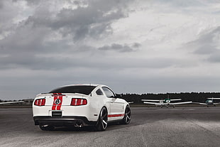 white and red Ford Mustang coupe HD wallpaper