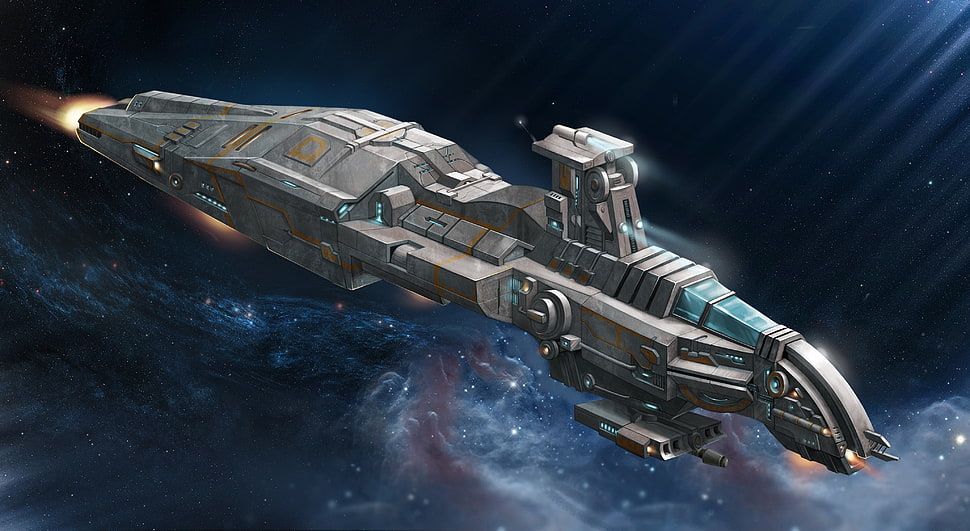 grey space craft, spaceship, space, blue HD wallpaper