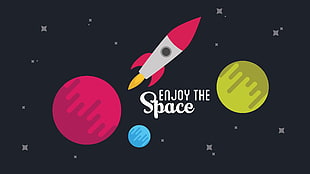 rocket beside pink, green, and blue planet illustration HD wallpaper