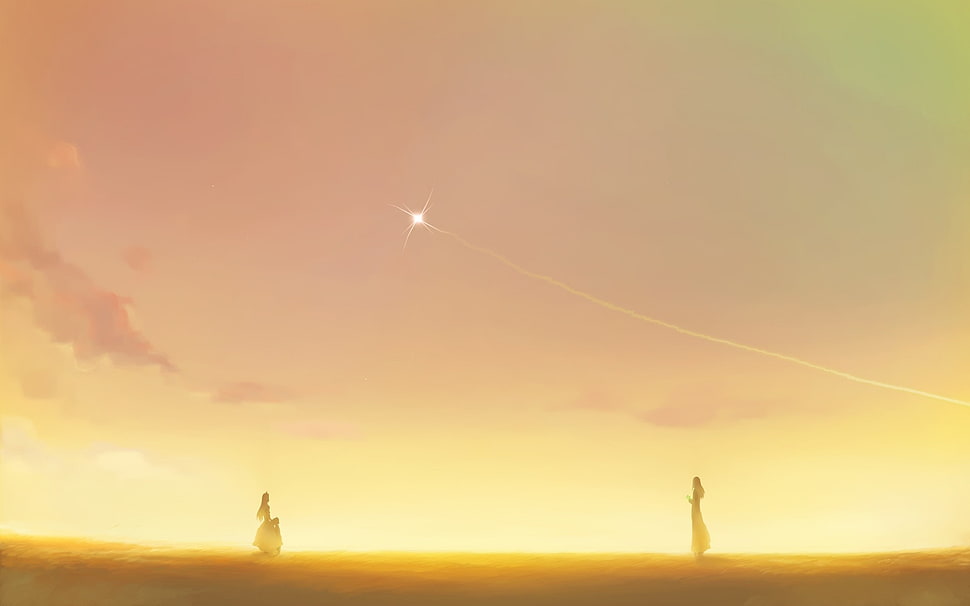 two person facing in long distance animated illustration, minimalism, sunset, Tengen Toppa Gurren Lagann, digital art HD wallpaper