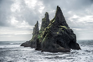 sea stack nature photography, cliff, sea, moss, clouds